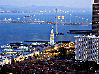 Bay Bridge and Ferry Building from atop the Tower; CC Adam Jackson